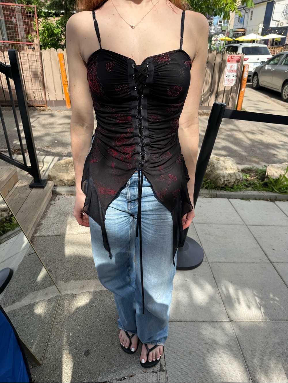 Costa Blanca Y2K Black Tank with Red Floral Accents Dark Fairycore